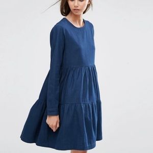 ASOS Denim Tiered Smock Dress in Dark Blue